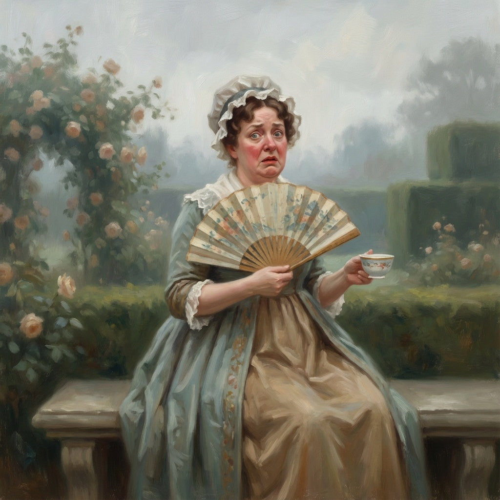 Painterly image of Mrs. Bennet sitting on her garden bench with tea