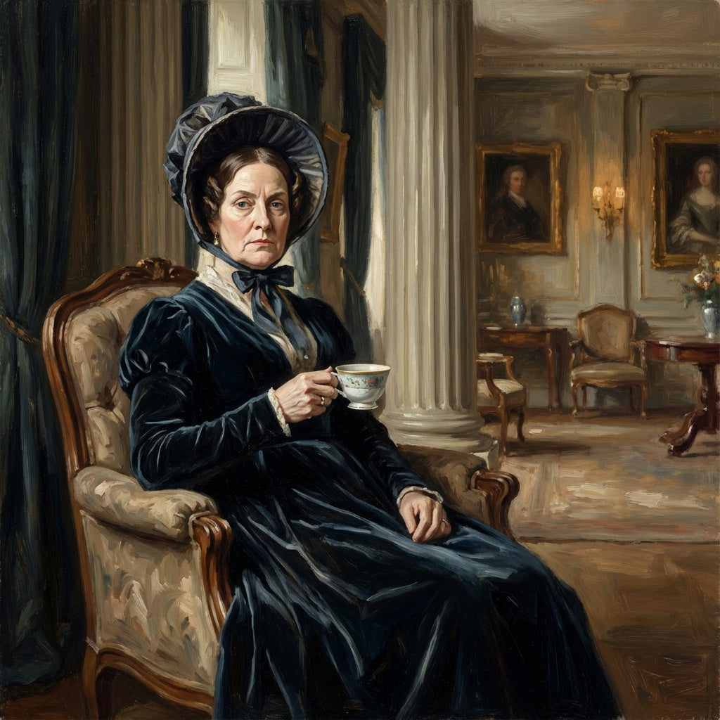 Painterly image of Lady Catherine de Bourgh sitting with tea