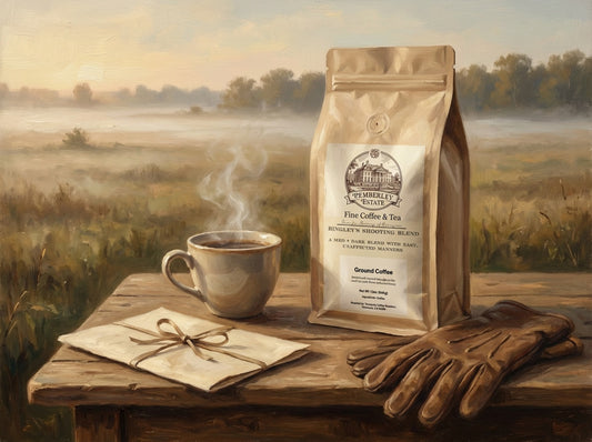 Painterly image of a package of coffee on a table outside with a hot cup of coffee