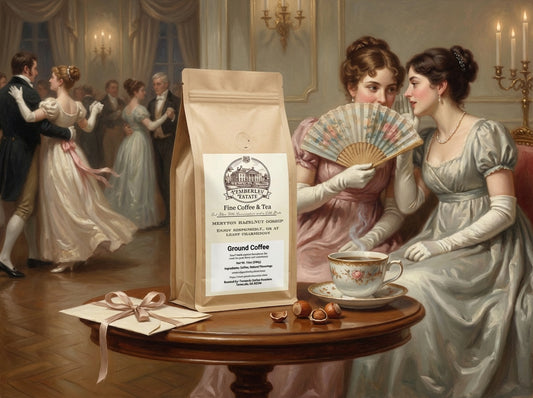Painterly image of a package of Hazelnut flavored coffee on a table at the Meryton assembly