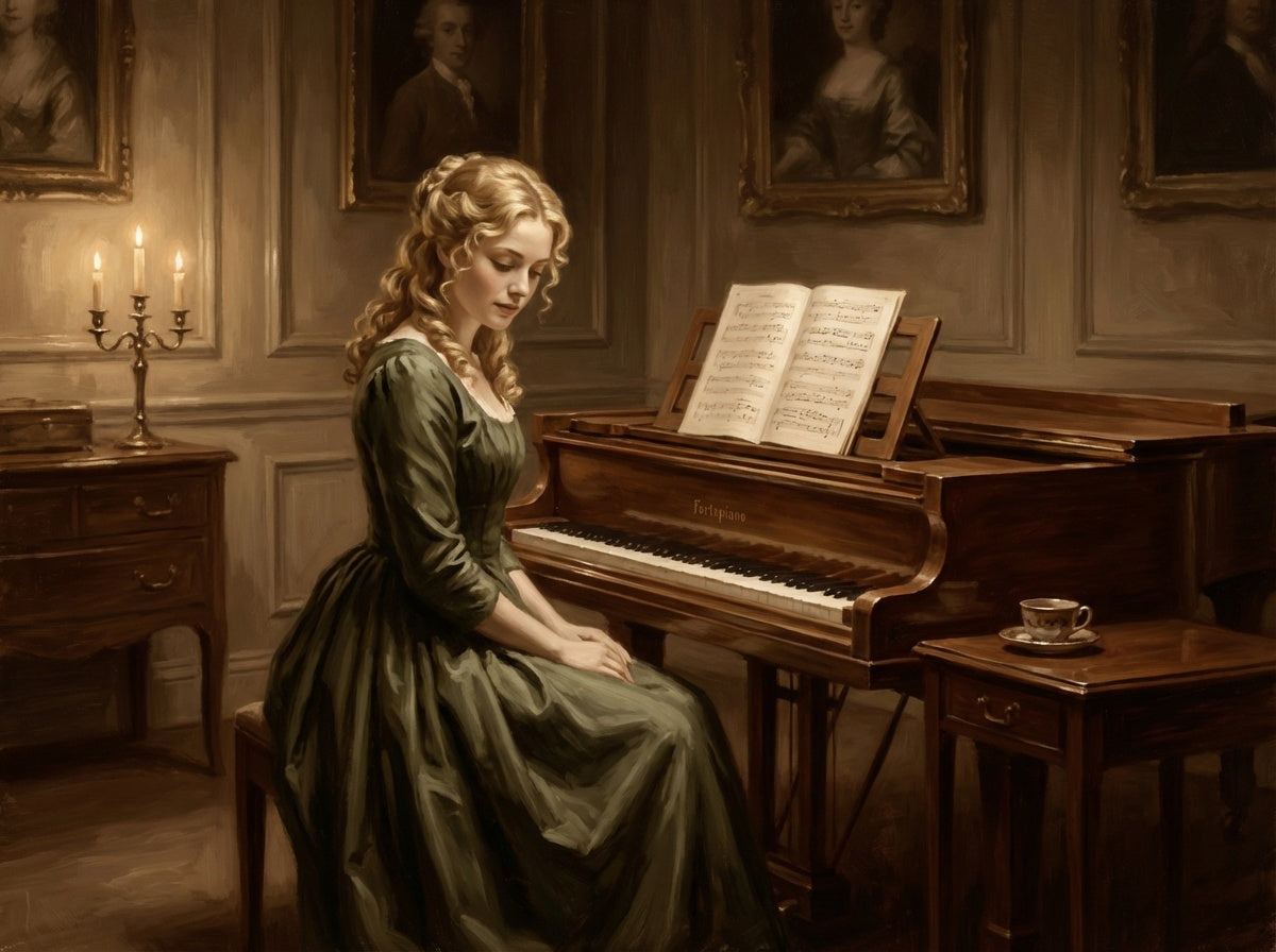 Painterly image of Miss Georgiana Darcy at the Pianoforte with a cup of coffee
