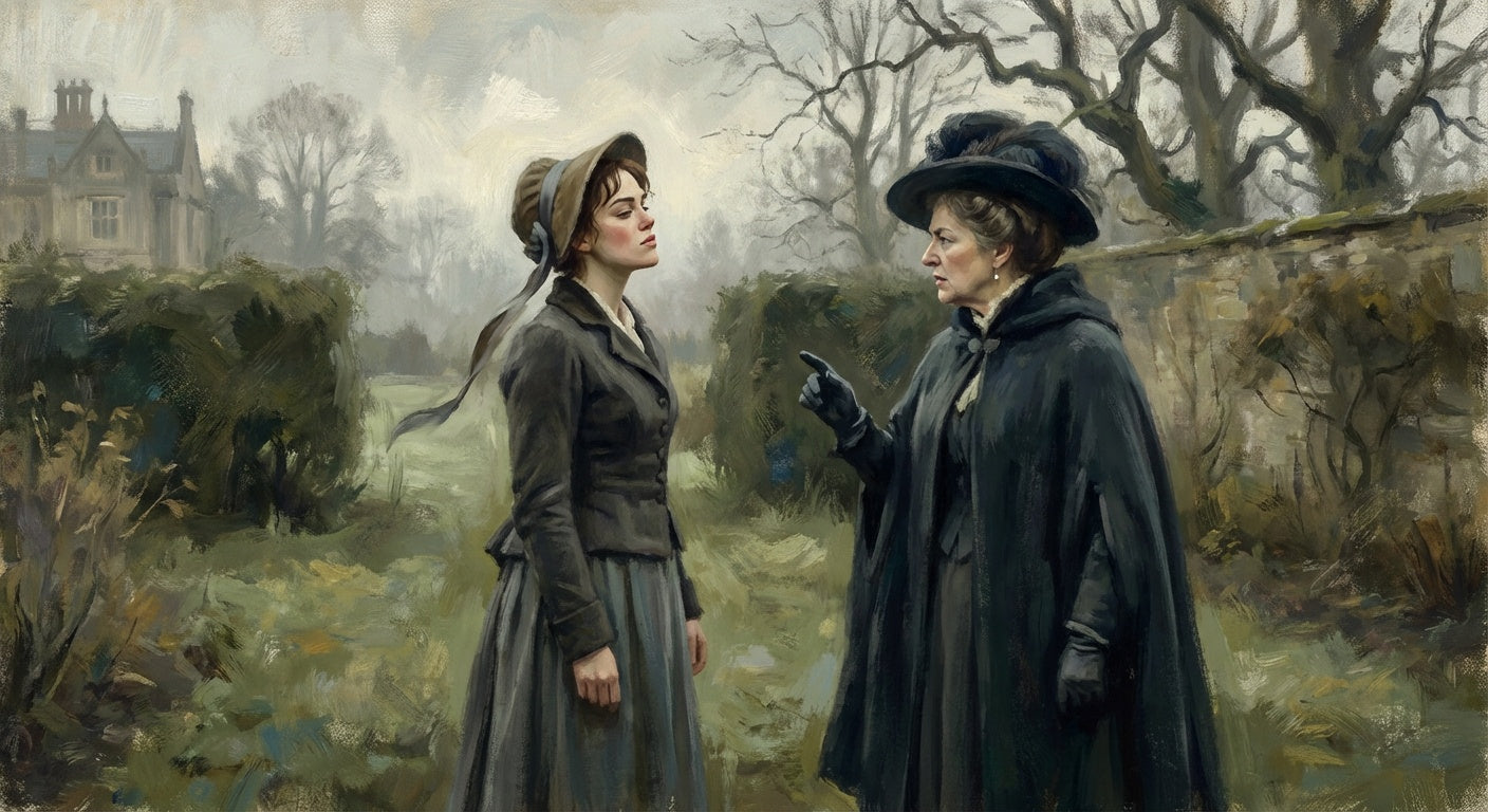 Elizabeth and Lady Catherine talking in the garden of Longbourn