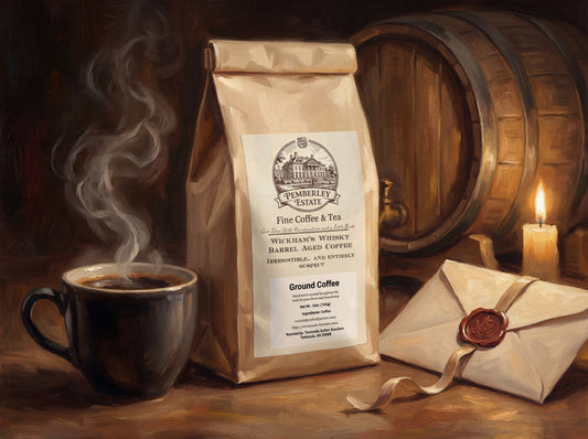 Package of coffee next to a whisky barrel and sealed letter
