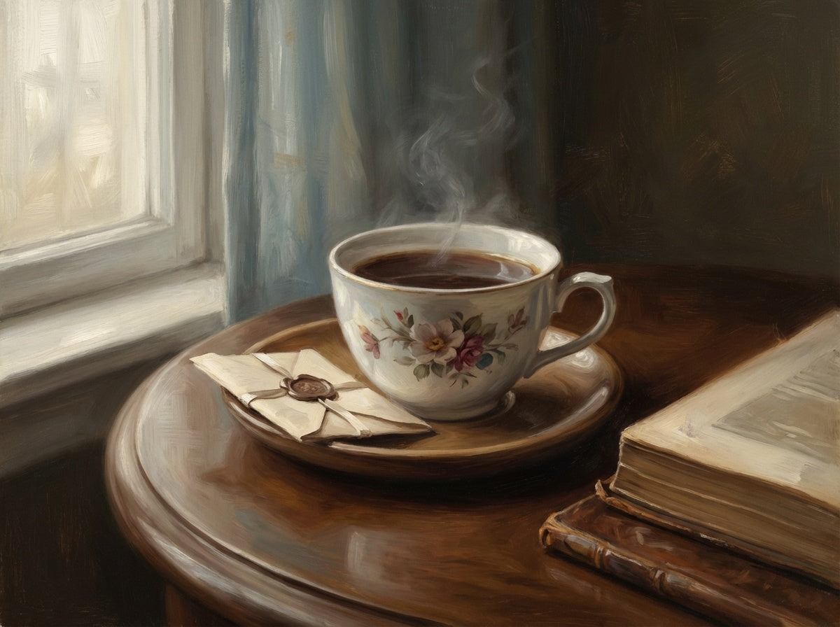 Painterly image of a hot cup of tea on a plate with a sealed letter