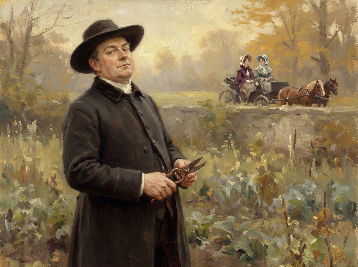 Mr. Collins in his garden with two ladies in a carriage driving by