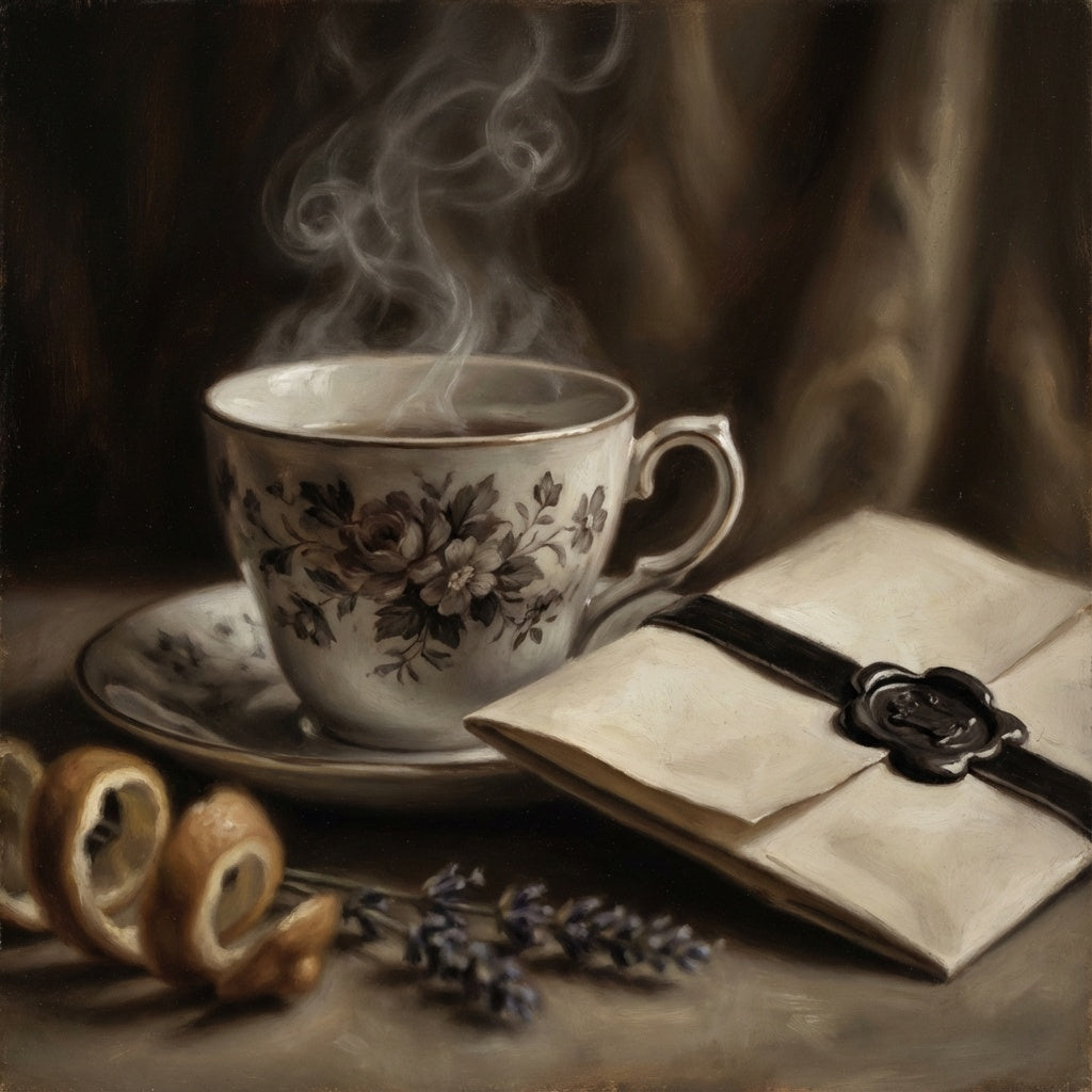 Painterly image of a tea cup steaming with a sealed letter