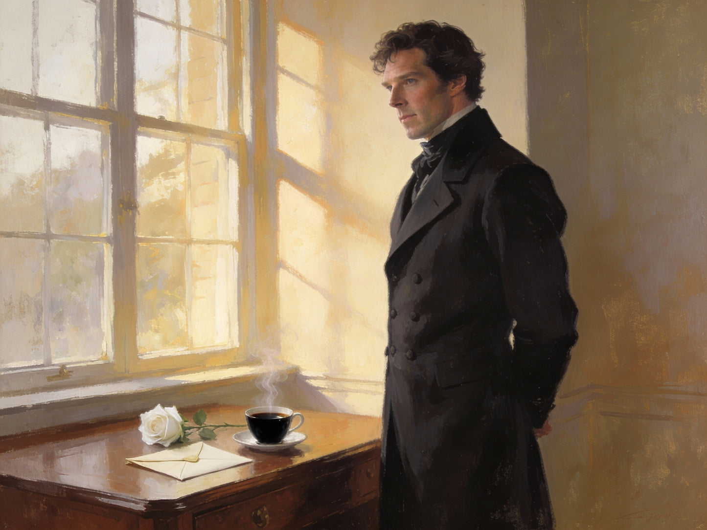 Painterly image of Mr. Darcy standing next to a desk with a cup of coffee and a rose