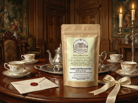 Painterly image of Earl Gray tea in package on a table with a sealed letter and a tea setting