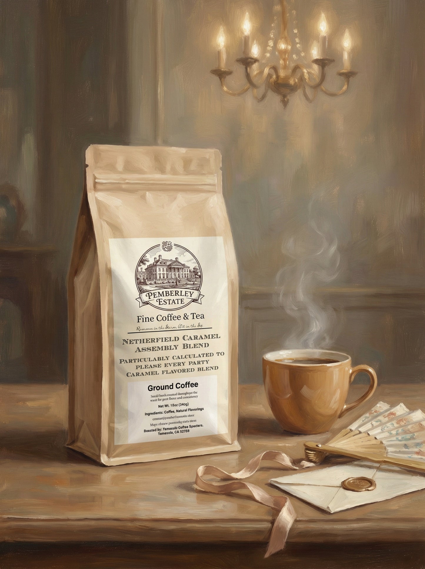 Package of coffee on a table with a cup of brewed coffee and a letter