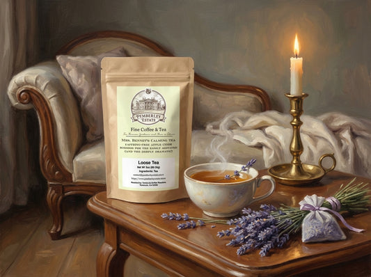 Painterly image of Rooibos tea package with tea in cup and lavender