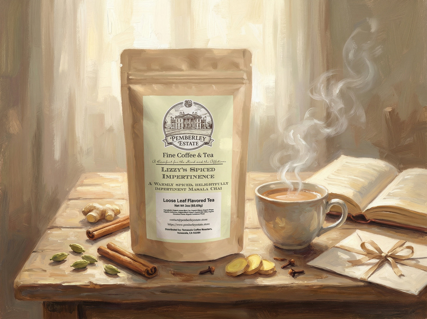 Package of tea on a table with cinnamon sticks