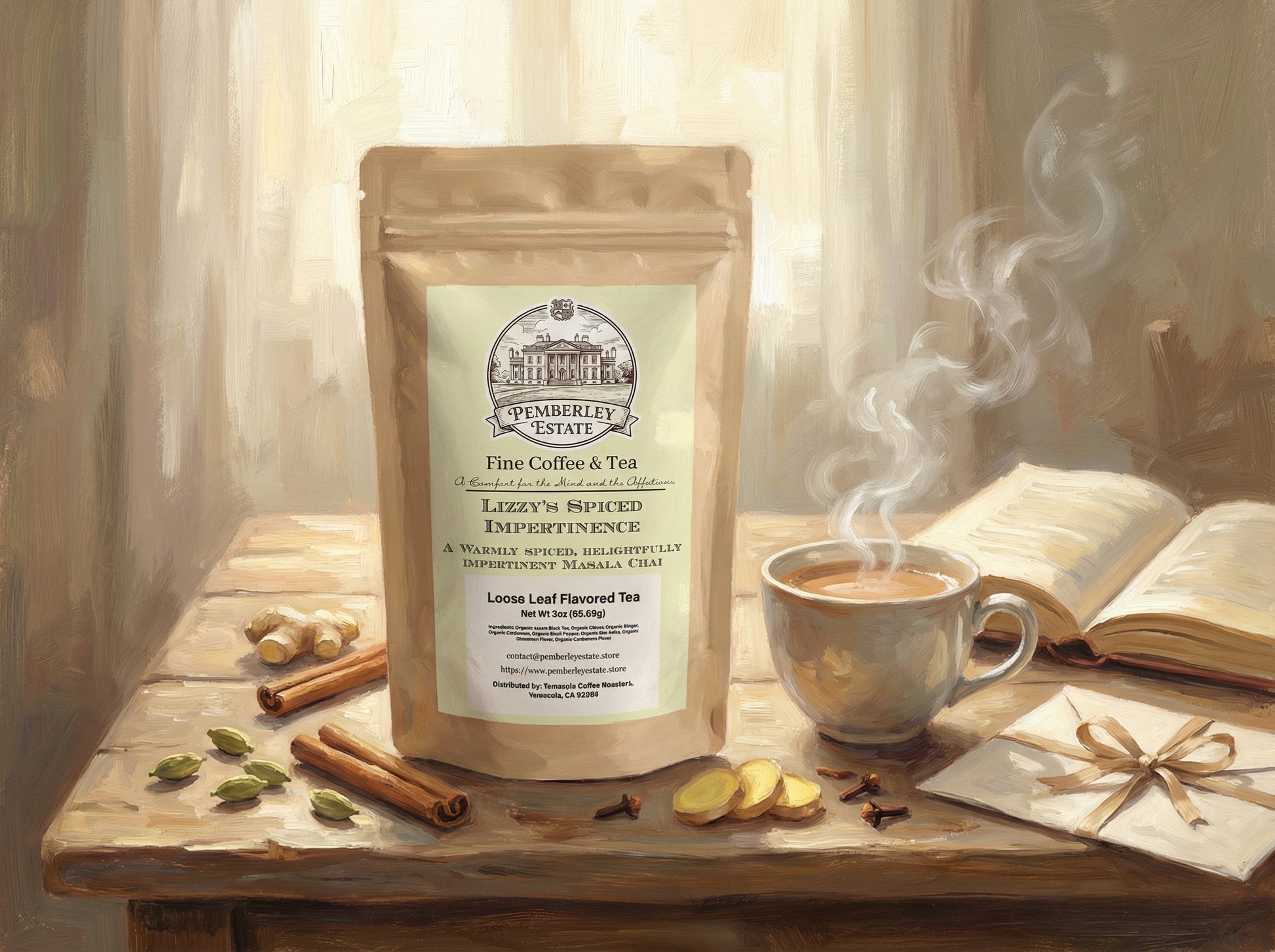 Package of tea on a table with cinnamon sticks