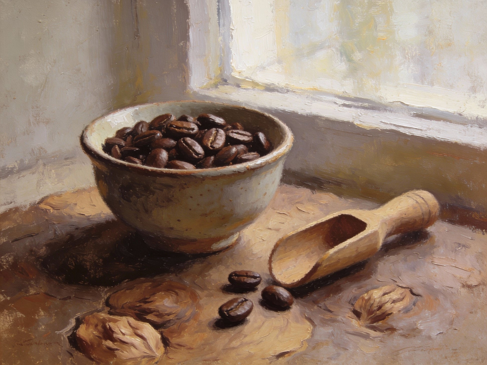 Bowl of coffee beans with a wooden scoop on a wooden surface near a window.