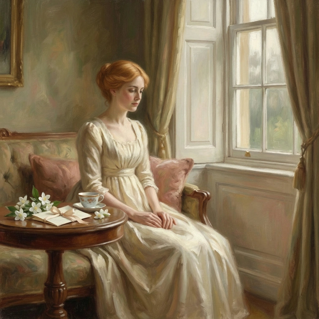 Painterly image of Miss Jane Bennet sitting next to a table with a cup of tea