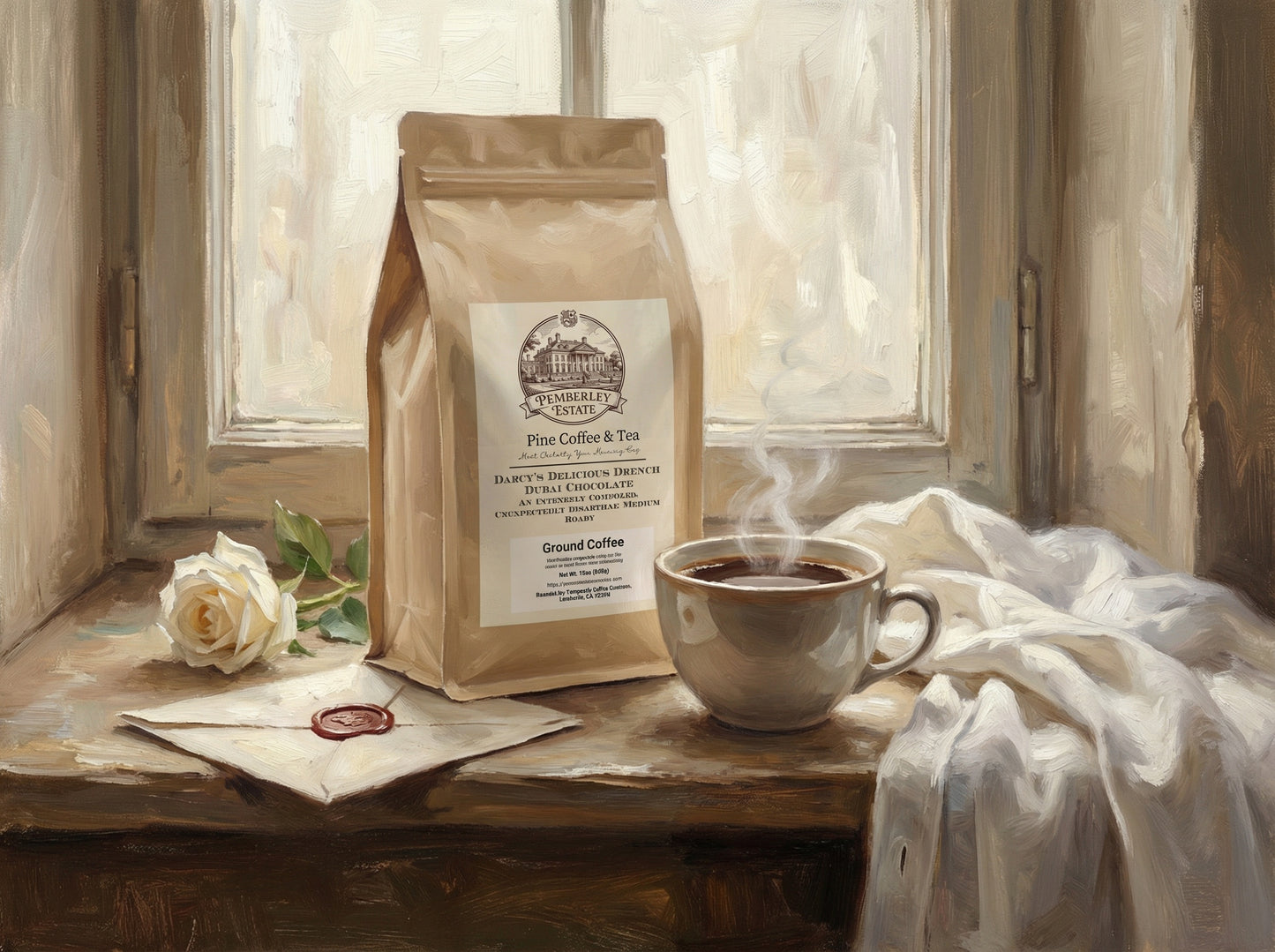 Coffee in a package sitting in a window with a wet shirt