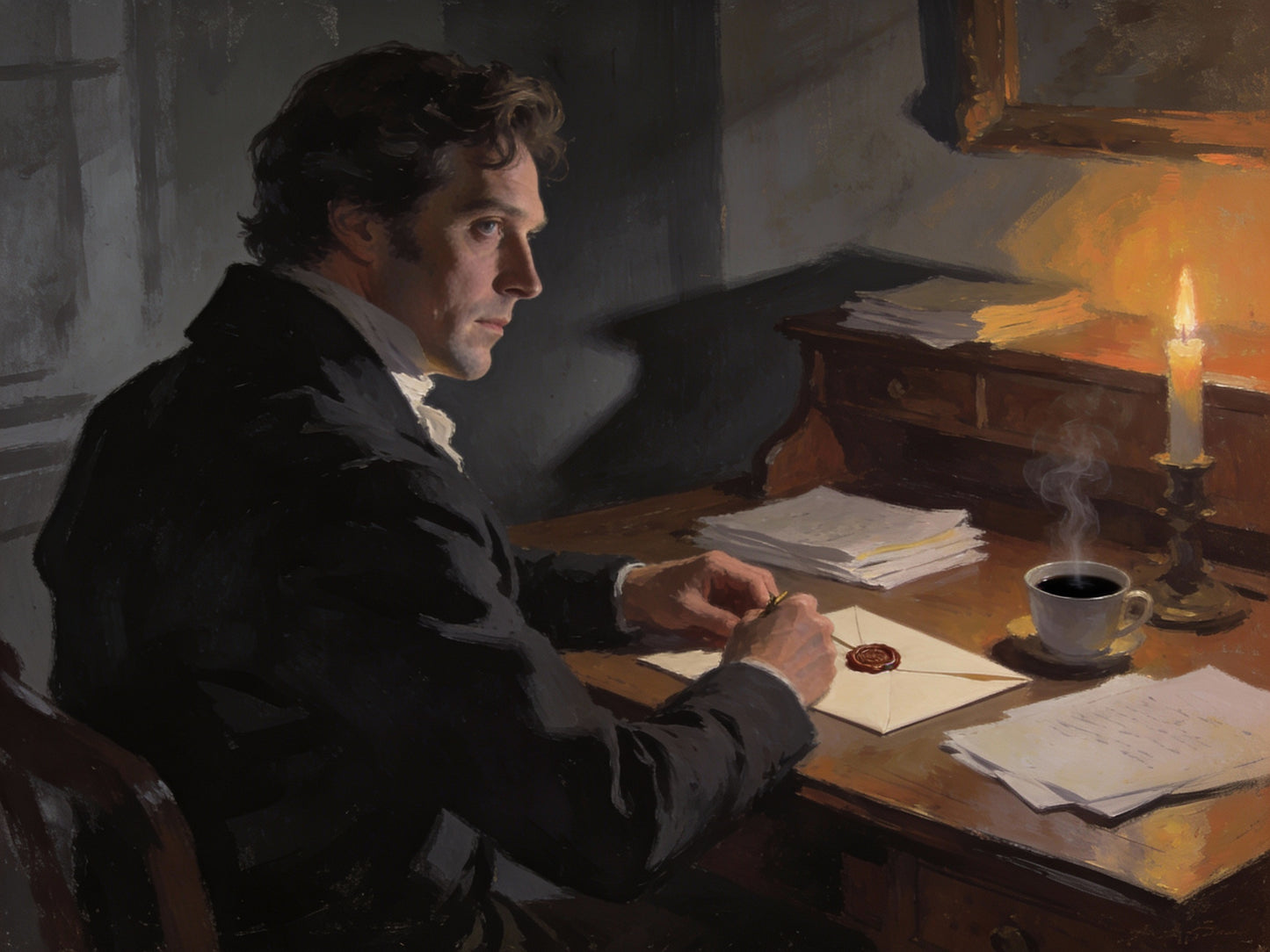 Painterly image of Mr. Darcy sitting at his writing desk with a sealed letter and hot cup of coffee