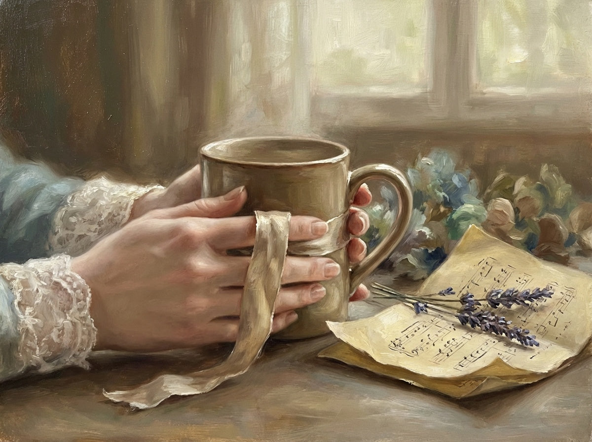 Painterly image of Miss Georgiana Darcy holding a cup of coffee 