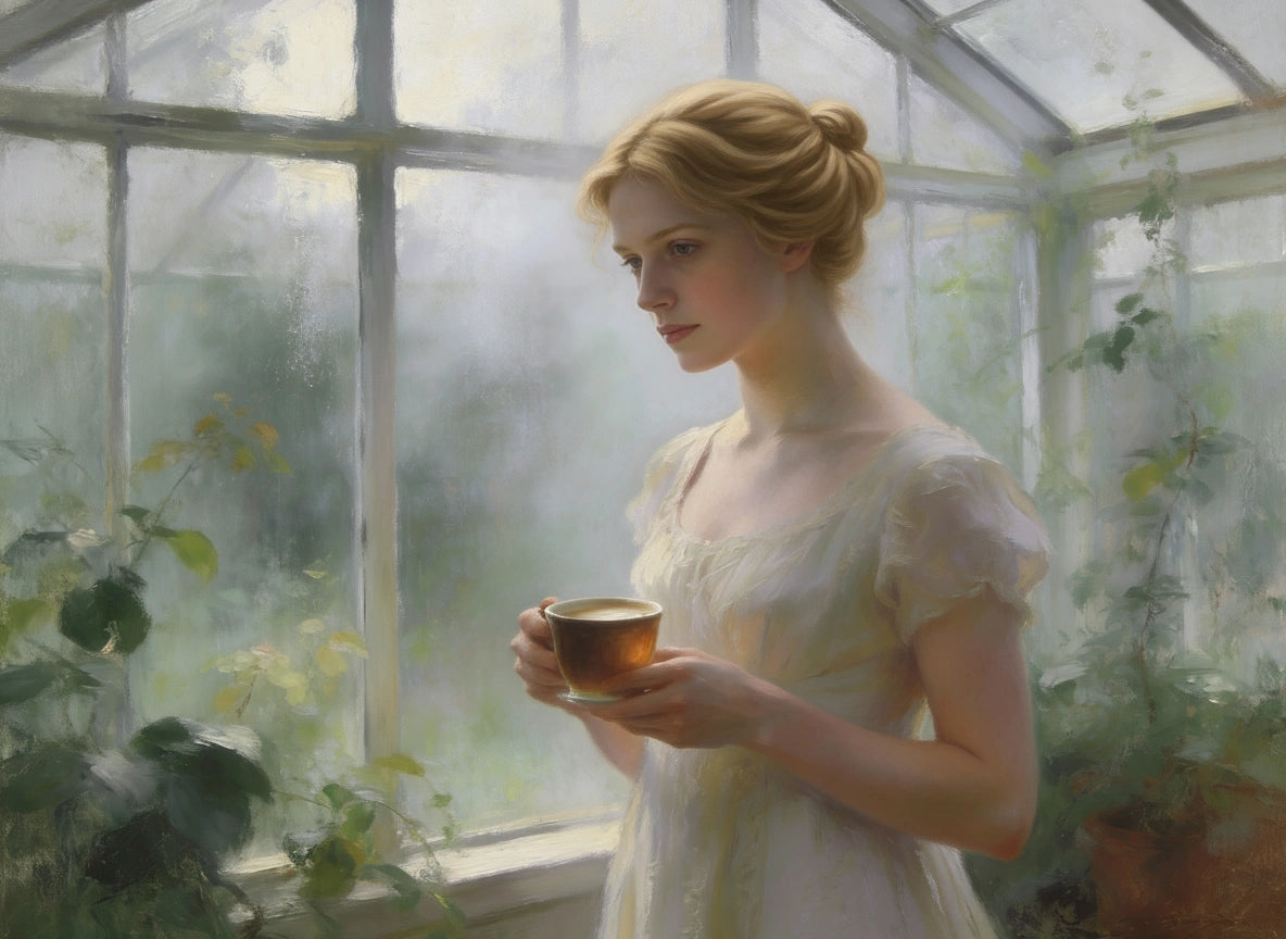 Painterly image of Miss Jane Bennet in a greenhouse with a cup of tea