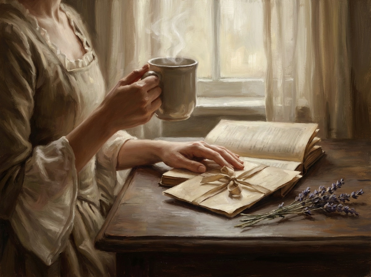 Painterly image of Miss Elizabeth Bennet reading while holding a cup of coffee