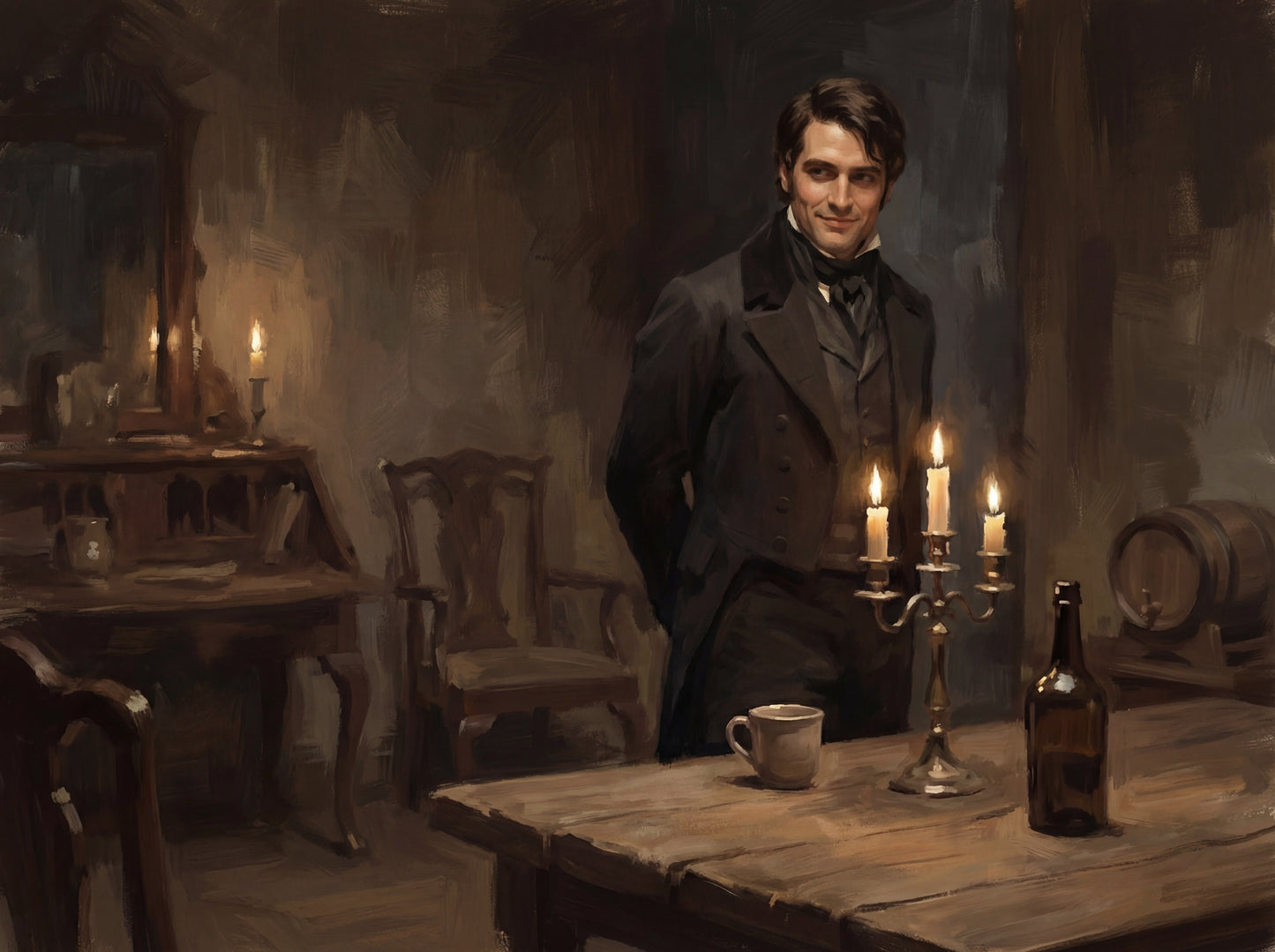 Wickham at a table with a candelabra 