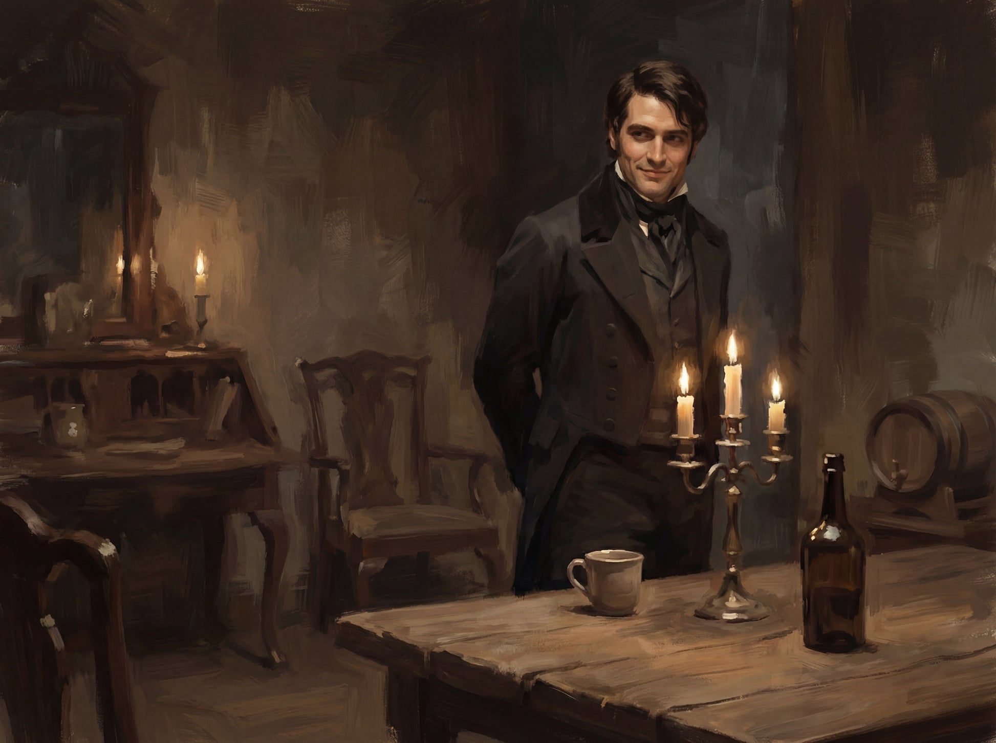 Wickham at a table with a candelabra 