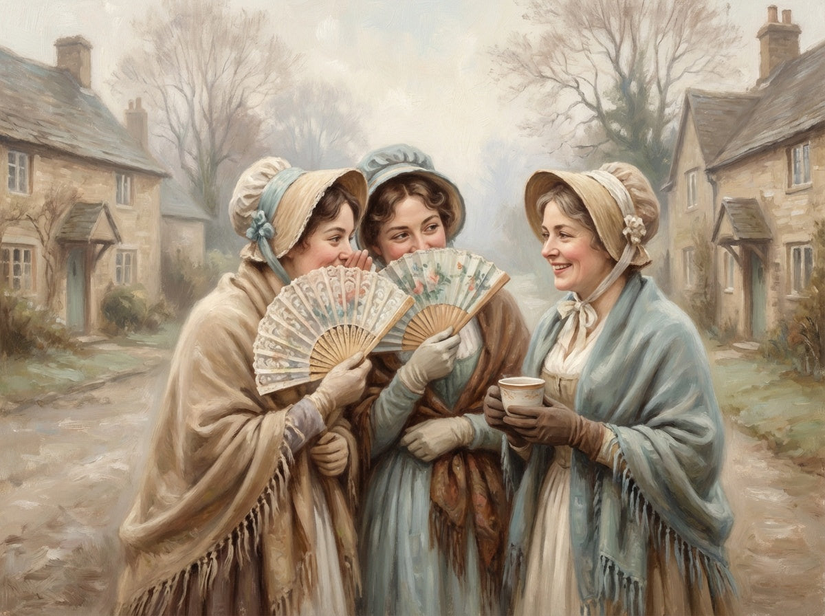 Painterly image of regency era ladies talking in the street
