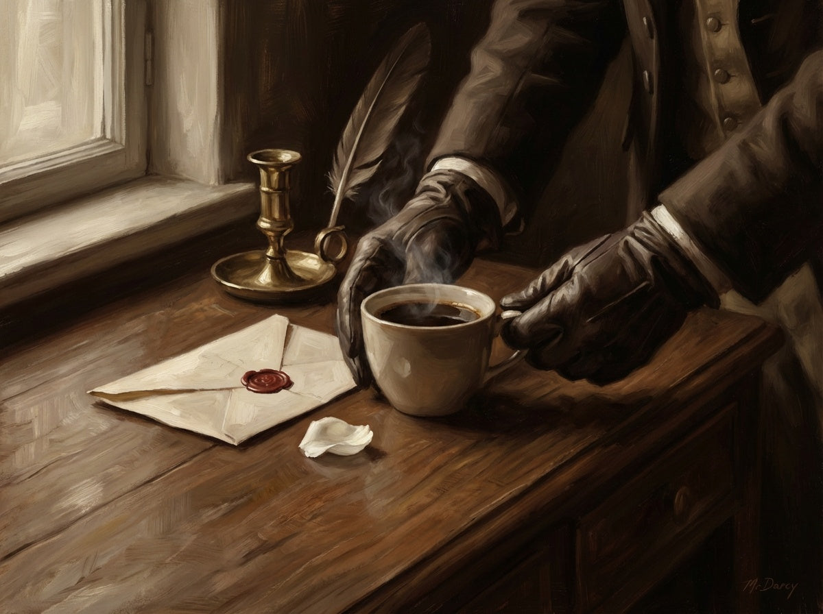 Painterly image of Mr. Darcy holding a hot cup of coffee with a sealed letter nearby