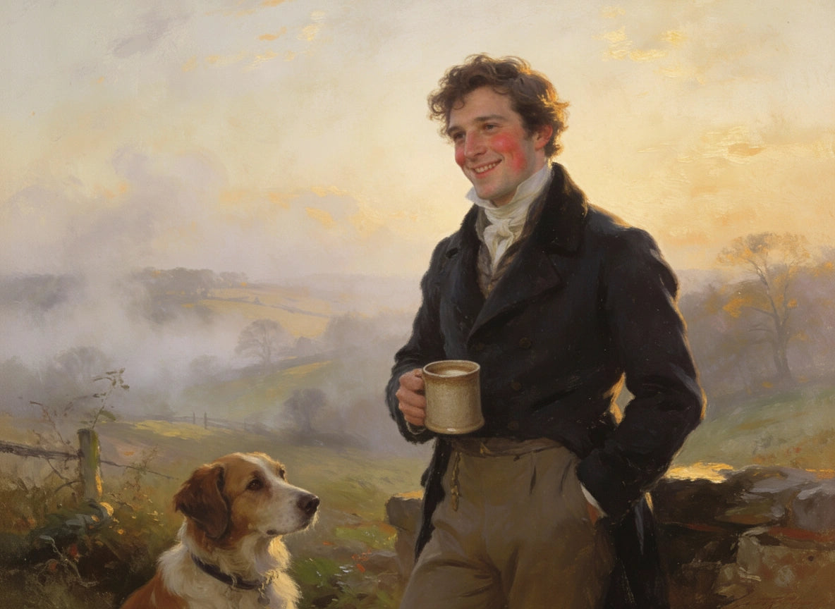 Painterly image of Mr. Charles Bingley outside with his dog and a hot cup of coffee