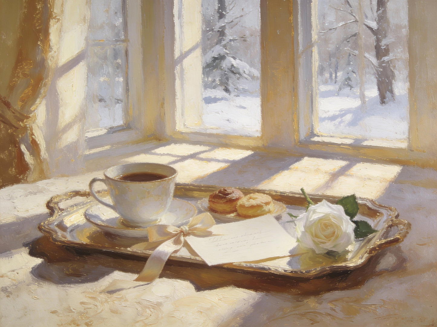 Painterly image of a hot cup of coffee on a tray in the early morning light