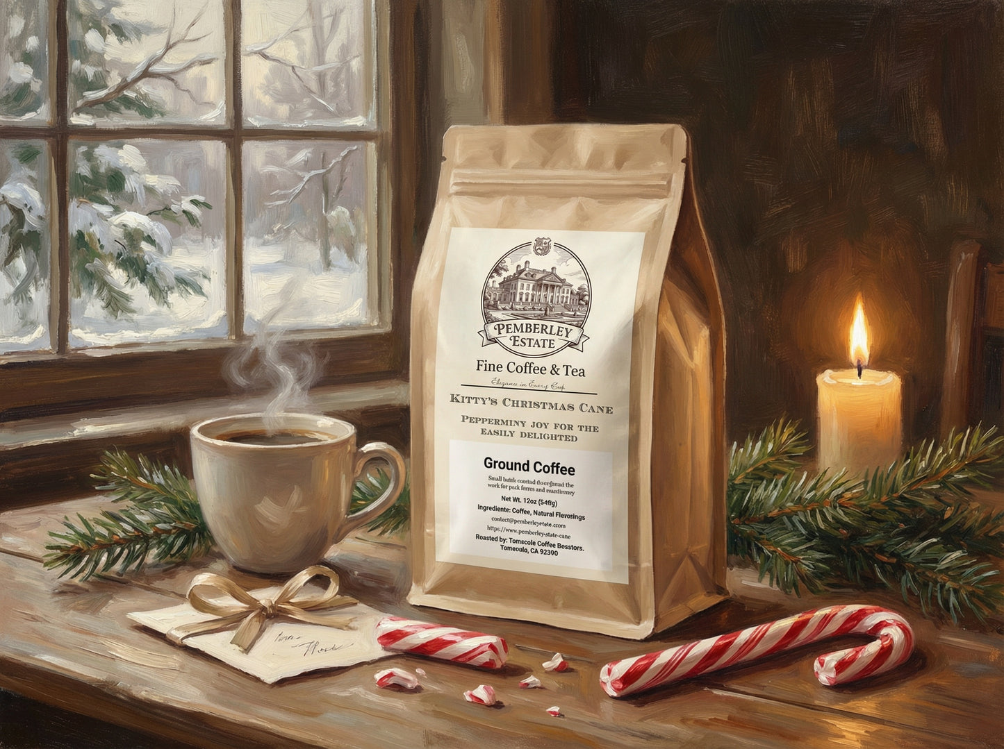 package of coffee on a table with a candy cane and cup of coffee