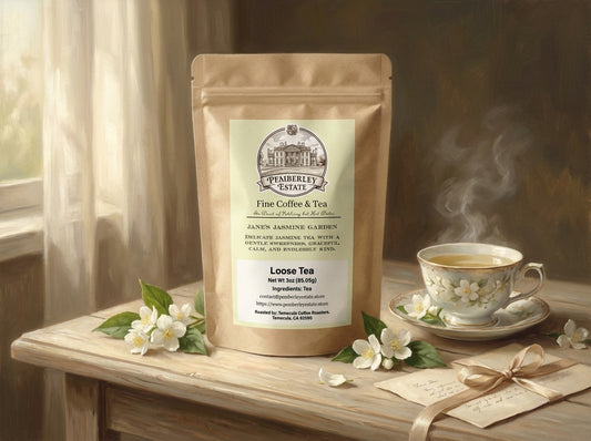 Painterly image of Jasmine tea in a package on a table with a steaming cup of tea