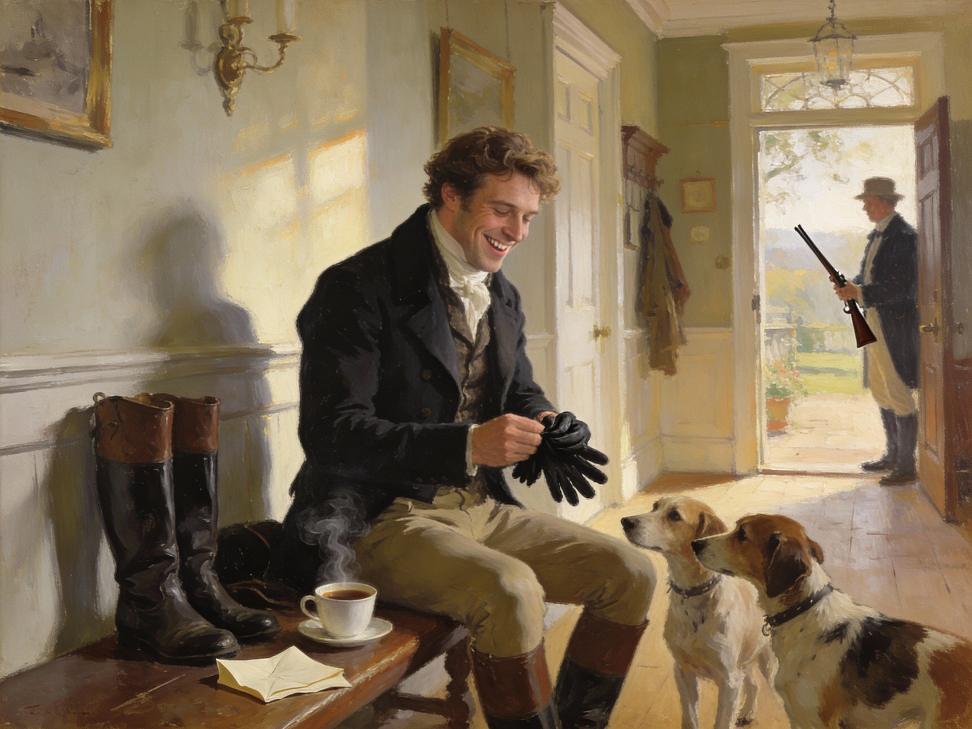 Painterly image of Mr. Charles Bingley getting ready to go shooting with a cup of coffee at his side