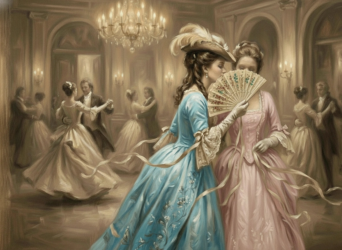Painterly image of regency era ladies in mid-gossip