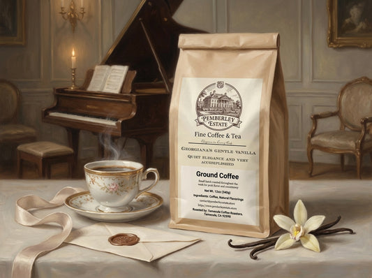 Painterly image of a package of vanilla flavored coffee on a table with a cup of coffee