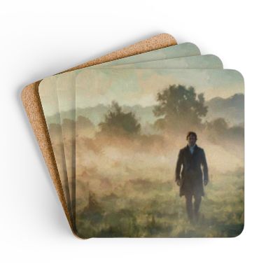 Set of coasters with a scenic design of Mr. Darcy walking in the morning mist 